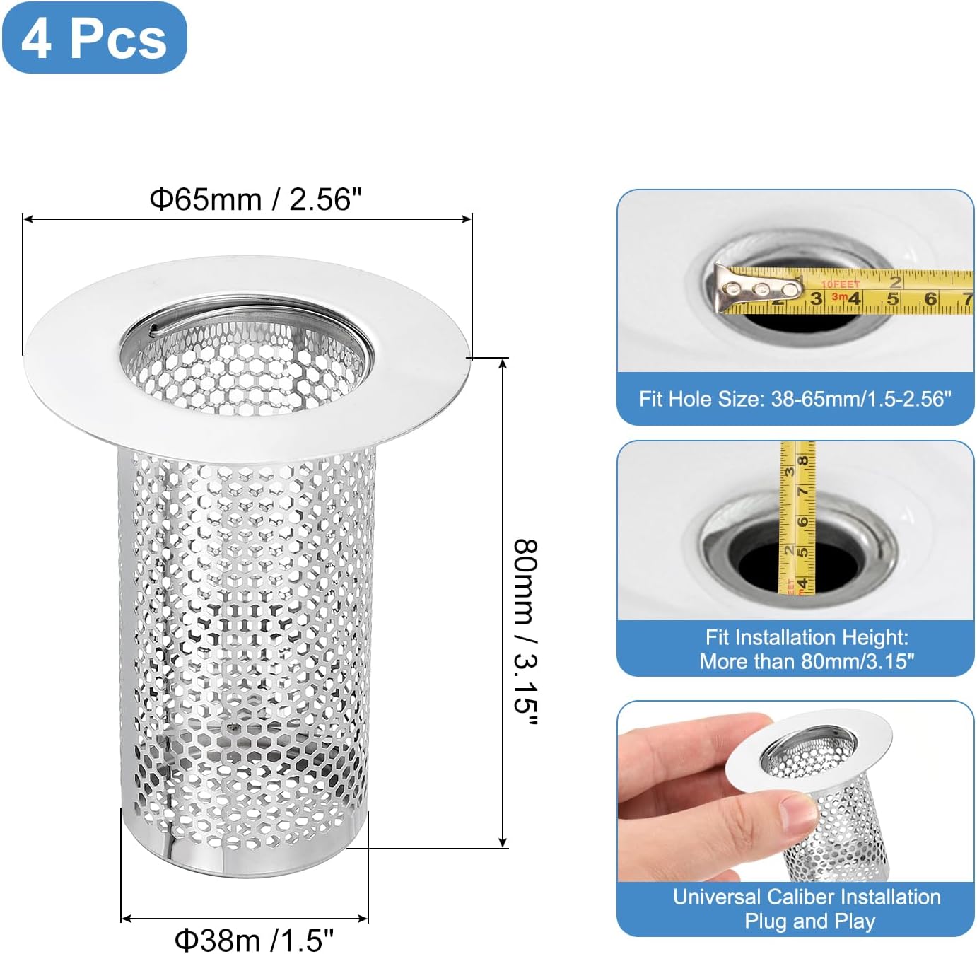 uxcell 2 Pack Shower Drain Strainer, 2" x 2.5" Stainless Steel Floor Drain Strainer Deep Sink Hair Catcher for Kitchen Bathroom Balcony Floor Drain, Fit Hole Size from 1.57" to 2.56"