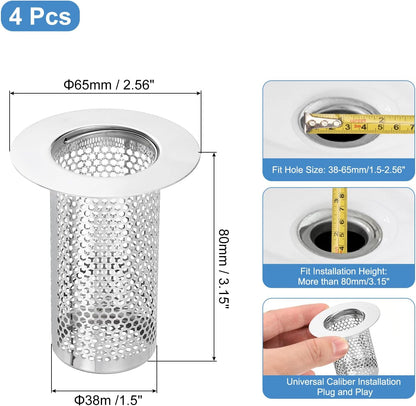 uxcell 2 Pack Shower Drain Strainer, 2" x 2.5" Stainless Steel Floor Drain Strainer Deep Sink Hair Catcher for Kitchen Bathroom Balcony Floor Drain, Fit Hole Size from 1.57" to 2.56"