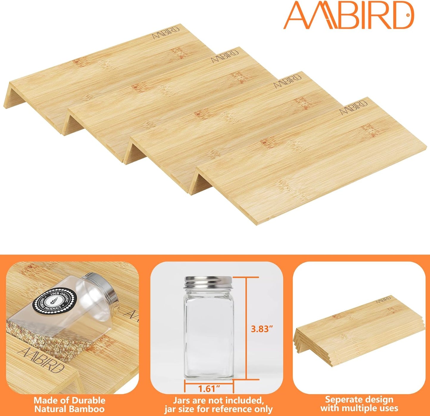 AMBIRD Bamboo Spice Drawer Organizer with Non-slip Mat,4 Tier - 2 Set Jar Spice Rack Tray From 9.5''to 19'', Seasoning Organizer for Kitchen,Cabinet,Drawers,Countertop