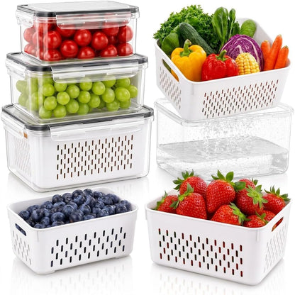 Fruit Storage Containers for Fridge with Lids, Fridge Organizers and Storage Produce Saver Box with Removable Drain Basket for Fruit Berry Salad Vegetable Meat, 380ml to 3150ml (4 Pack)