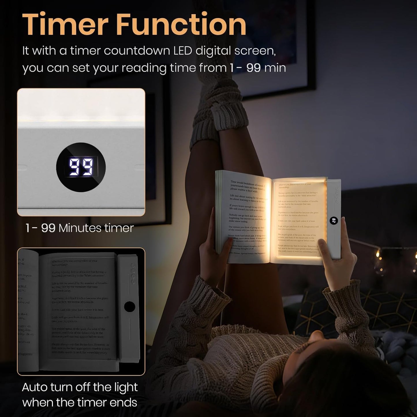 Book Light, Rechargeable Clear LED Reading Light with 3 Colors & Timer | Dimmable Full Page Panel Plate Lamp, Reading Lights for Book, Kids Eye Protection for Night Reading in Bed (White, Small)