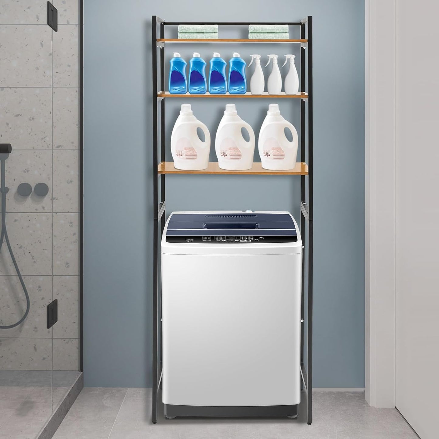 3-Tier Laundry Room Storage Shelf,Over Washer and Dryer Shelves,Floor Standing Washing Machine Storage Rack,White,Marbling