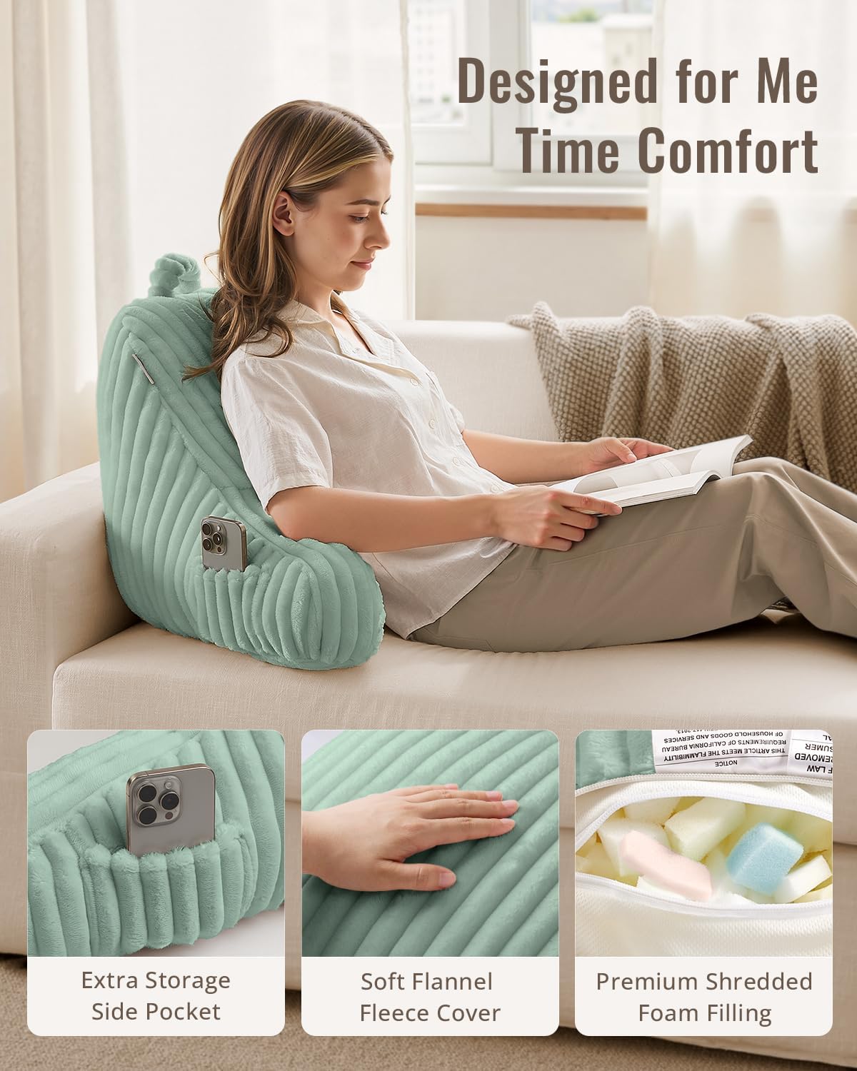 Blissful Diary Reading Pillow, Backrest Pillow with Shredded Memory Foam for Adult & Children, Designed for Bed and Couch Sitting Up, Includes Arms, Pockets and Washable Cover, Off White