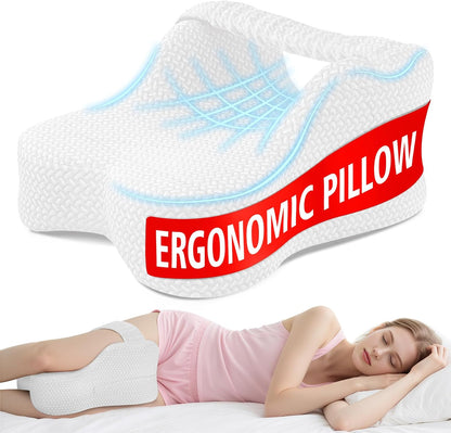Long Knee Pillow for Side Sleepers with Strap - Large Leg Pillow for Side Sleeping with Full Thigh & Knee Support, Memory Foam Alignment Pillows for Sciatica, Hip & Knee Relief, White