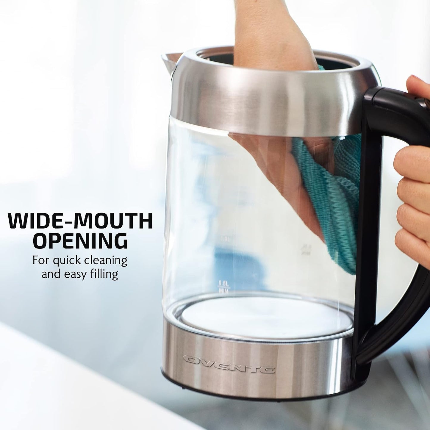 OVENTE 1.7L Double Wall Glass Electric Kettle Water Boiler, Silver KG912S | 1500W Fast Boiling, Easy Fill Lid, Borosilicate Glass, Cool-Touch Design, Blue LED, Auto Shut-Off, Boil-Dry Protection