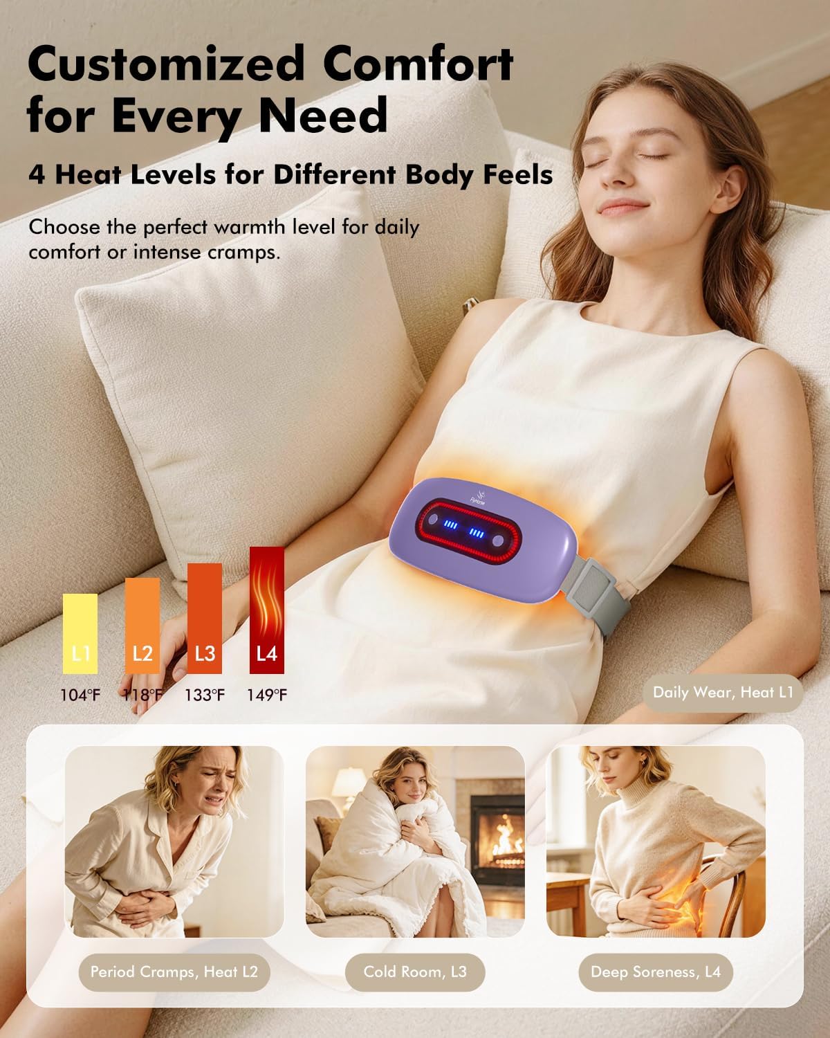Portable Cordless Menstrual Heating Pad with 4 Heat Levels and 4 Massage Modes,Electric, Fast Large Heating Belly Wrap Belt (Black)