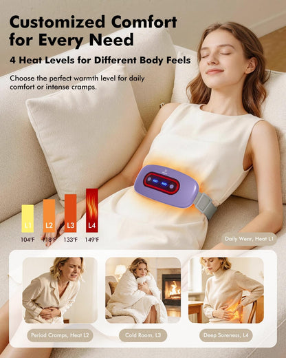 Portable Cordless Menstrual Heating Pad with 4 Heat Levels and 4 Massage Modes,Electric, Fast Large Heating Belly Wrap Belt (Black)