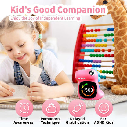 Pink Dinosaur Visual Timer for Kids, Girls Potty Training Timer | Color Countdown, Rechargeable, LED Screen, 99 Minute, Toddler, Children, Transition, 2-Min Toothbrush Setting, Hand Washing