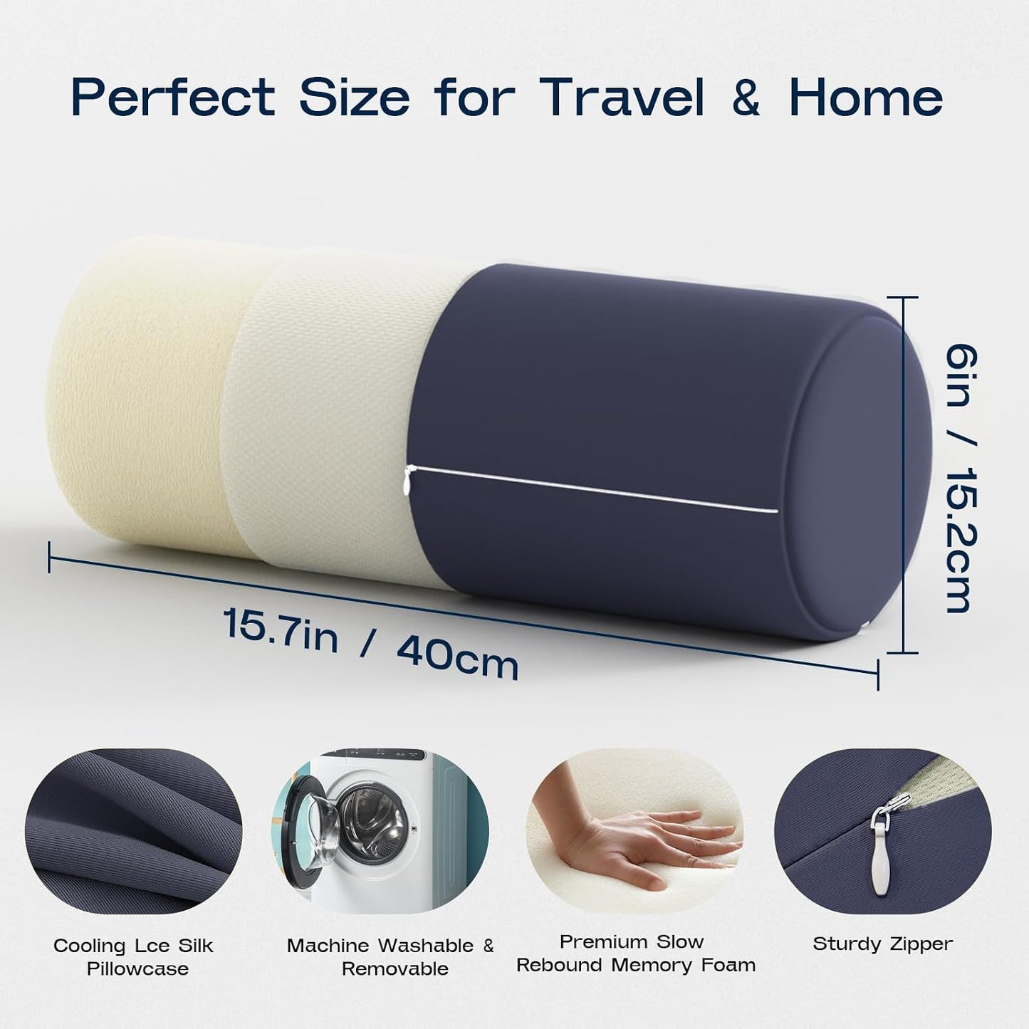Neck Roll Pillow for Neck Pain Relief - Memory Foam Neck Support Pillow for Bed | Round Neck Pillow for Sleeping, 15.7 * 6 * 6 inch (Cool-Blue)
