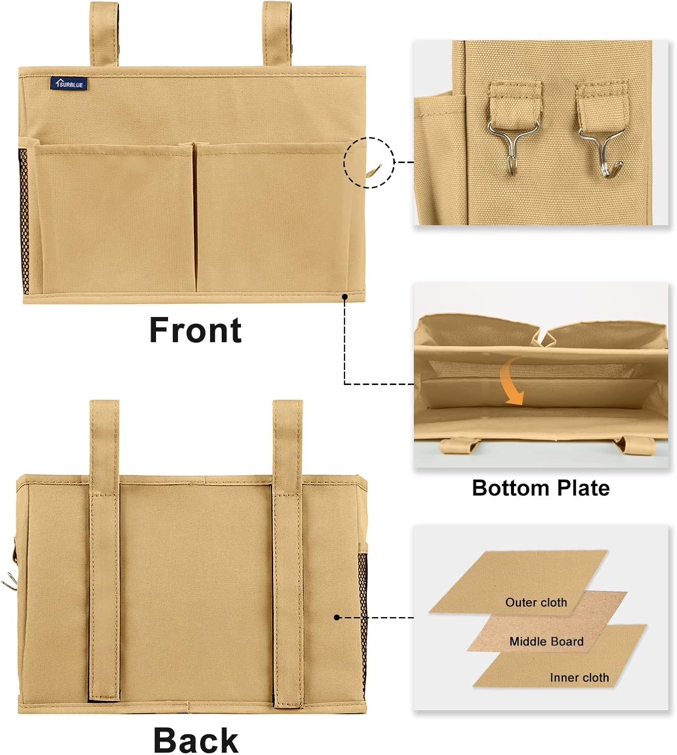 Surblue Bedside Caddy Hanging Organizer Storage Bag Pocket for Bunk, Hospital, College Dorm Rooms, Baby Bed Rails, Camp - 4 Pockets, 2 Hooks (Blue)