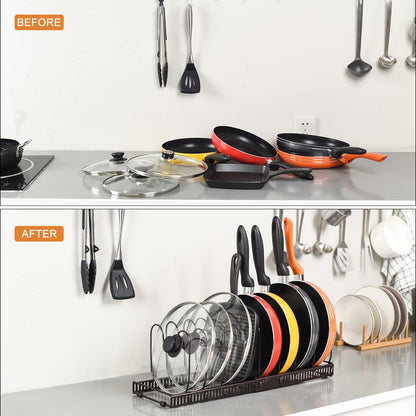 Toplife Pot Lids Organizer Rack for Cabinet and Countertop, 7+ Pan Lids and Bakeware Organizer Rack Holder with 7 Adjustable Compartments - Black