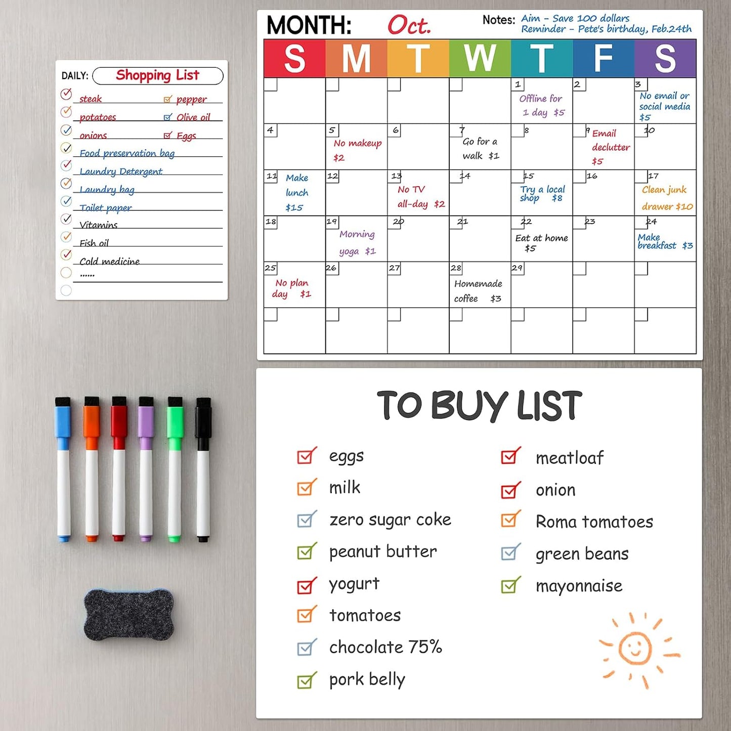 3 Pack Dry Erase Magnetic Calendar for Refrigerator - Monthly & Weekly & Daily Planner Magnet Whiteboard for Fridge Wall - Shopping, Meal/Menu, To Do List, Family Schedule Planning Board (10HB-RIZH3)