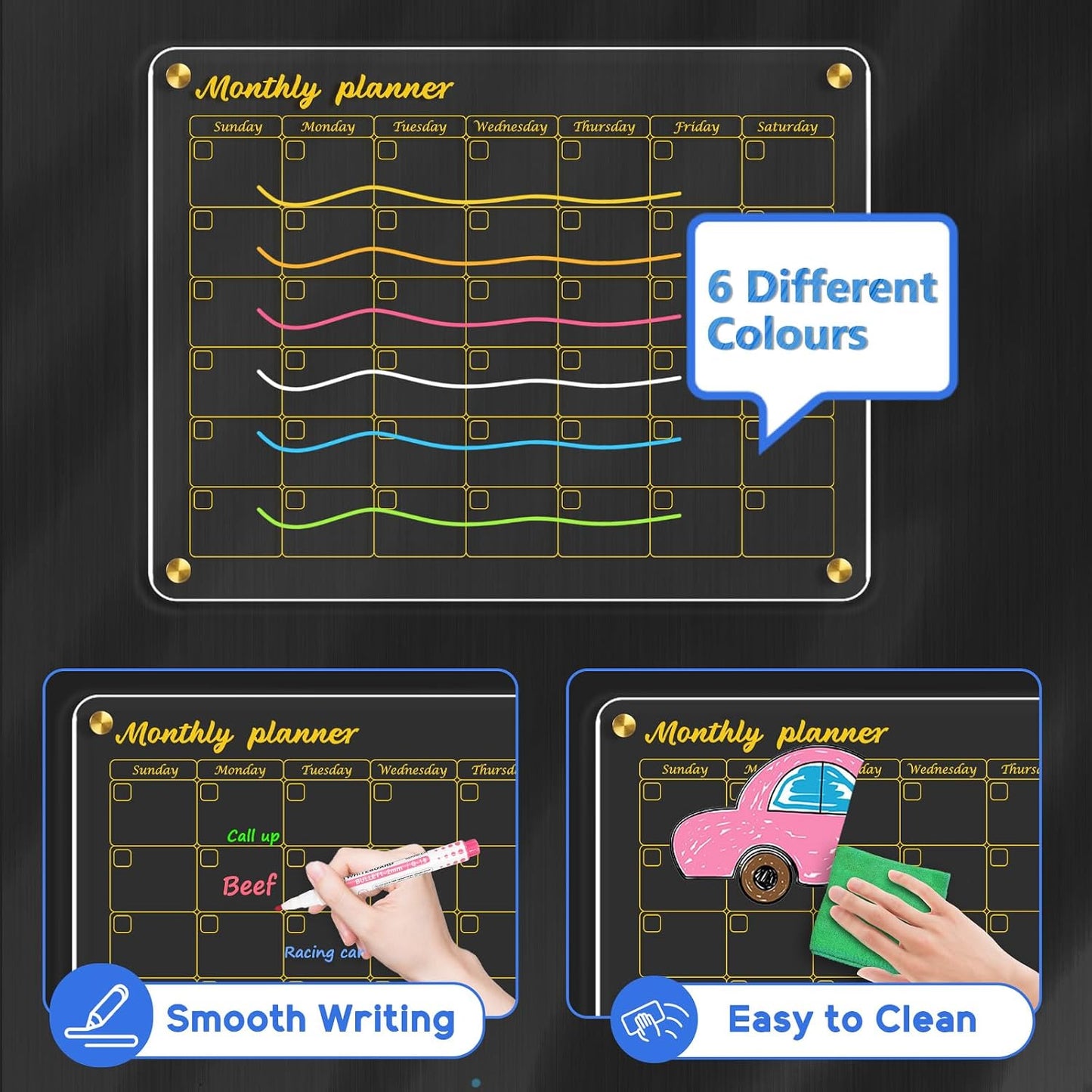 Acrylic Calendar for Fridge, Monthly Clear Acrylic Magnetic Dry Erase Board for Refrigerator, Set of 2 Stronger-Magnetic Reusable Fridge Planner, Includes 6 Liquid Chalk Markers