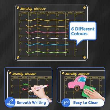 Acrylic Calendar for Fridge, Monthly Clear Acrylic Magnetic Dry Erase Board for Refrigerator, Set of 2 Stronger-Magnetic Reusable Fridge Planner, Includes 6 Liquid Chalk Markers
