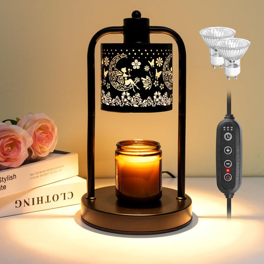 Candle Warmer Lamp with Timer Light: Electric Wax Melt Warming Dimmable for Yankee Candles Large - Birthday Christmas Gift for Women Mom, Room, New Home Decor, Vintage House (Black + Brown Hemp Rope)