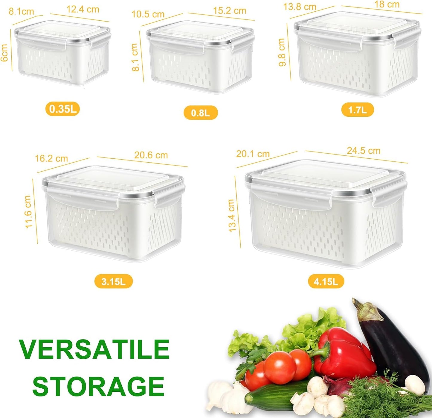 5 Pack Fruit Storage Containers for Fridge Berry Keeper Produce Saver | Leak-proof Food Container Set with Colander Veggie Keep Fresh BPA Free Plastic Refrigerator Organizer Freezer Dishwasher Safe