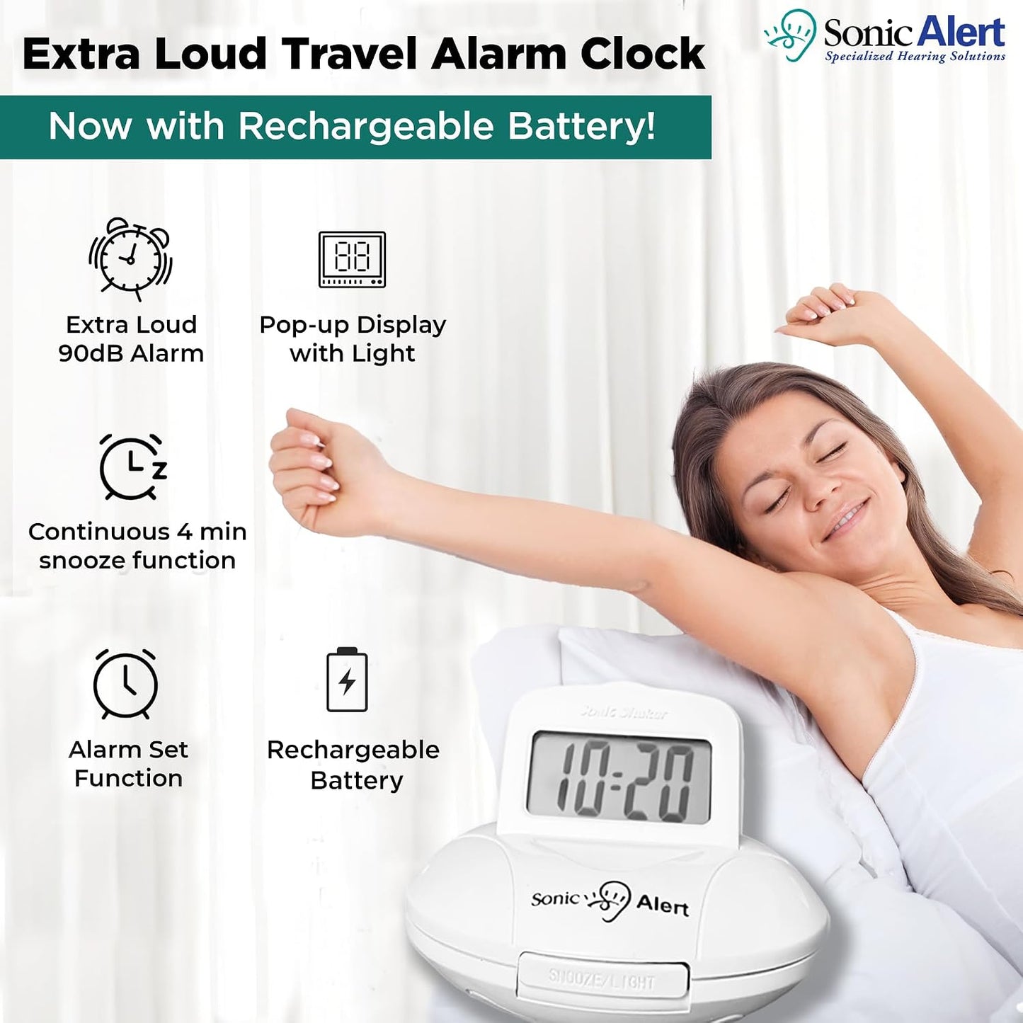 Sonic Shaker SBP200 White Compact Travel Alarm Clock – Pop-Up LCD Digital Screen – Bed Shaker Vibration – Buzz and Vibrate Modes – Rechargeable Alarm Clock