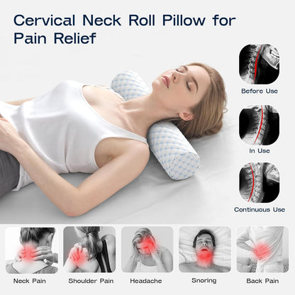Neck Roll Pillow for Neck Pain Relief - Memory Foam Neck Support Pillow for Bed | Round Neck Pillow for Sleeping, 15.7 * 6 * 6 inch (Cool-Blue)