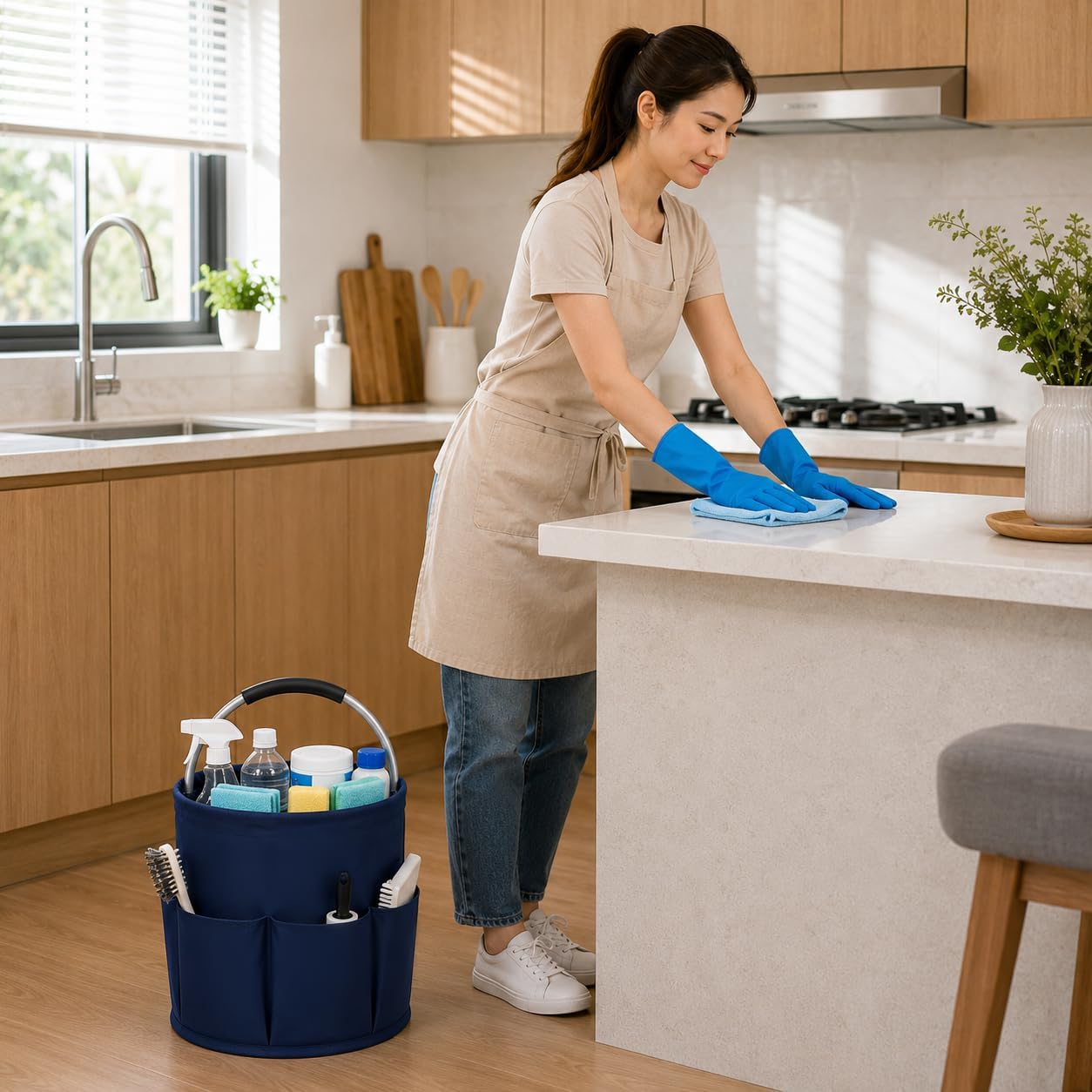 Cleaning Caddy with Handle, 17L Foldable Storage Basket, Heavy Duty 600D Oxford Cloth Organizer, Portable Supply Bag, Multi-Purpose Supplies Caddy for Home, Bathroom, Kitchen, Garden - Black