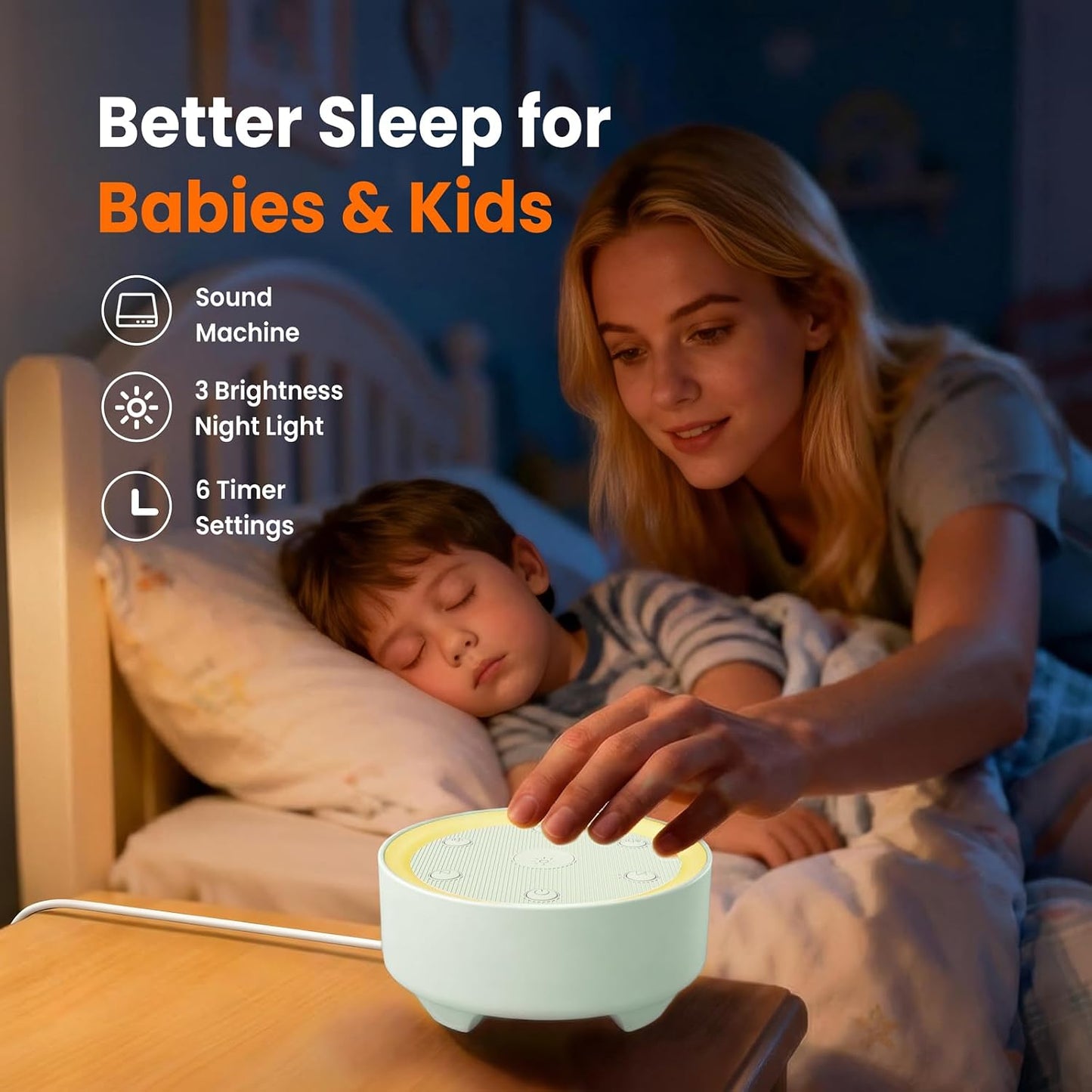 Kipcush White Noise Machine for Sleeping, Baby & Adults, High-Fidelity Non-Looping Sounds, Sleep Sound Machine with Dimmable Night Light, USB Powered, Memory Function, Home, Nursery & Travel