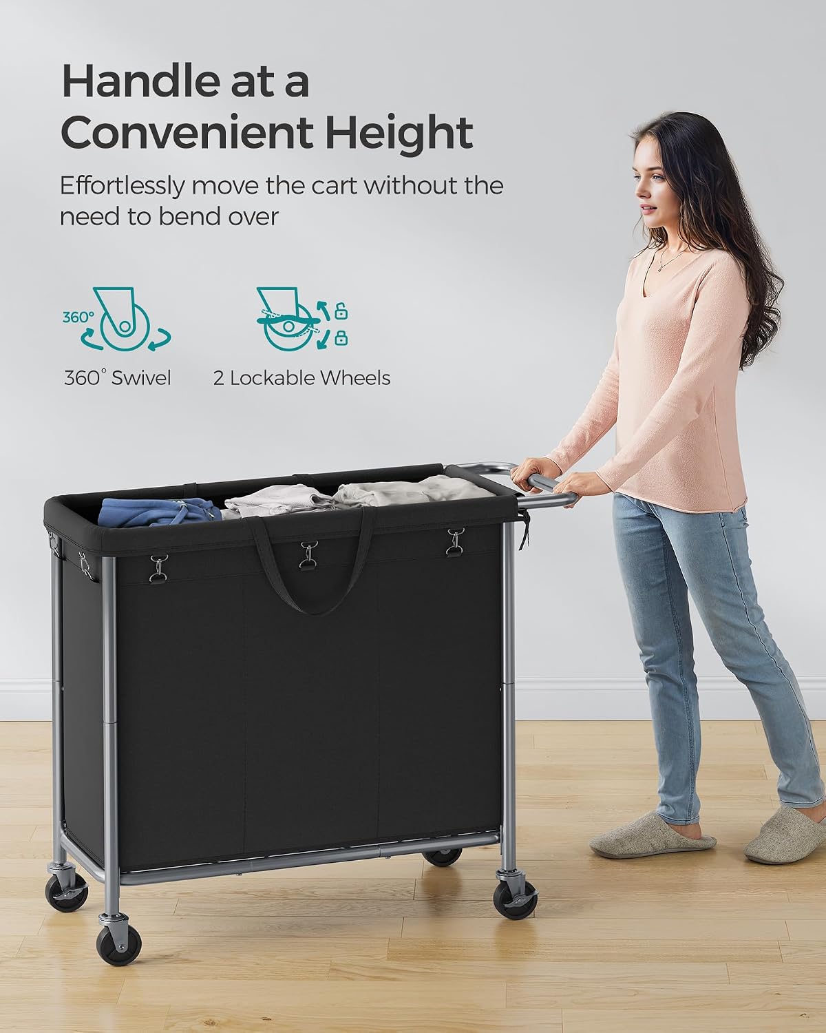 SONGMICS Laundry Basket with Wheels, 4-Section Rolling Laundry Hamper, 68.6 Gallons (260 L), Removable Liner, Steel Frame with Handle, 43.3 x 15.4 x 31.9 Inches, Cream White URLS014W01