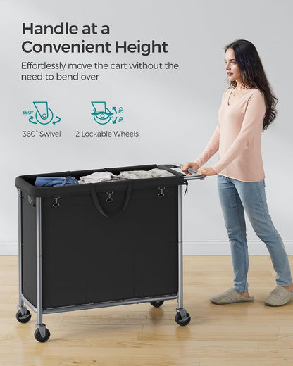SONGMICS Laundry Basket with Wheels, 4-Section Rolling Laundry Hamper, 68.6 Gallons (260 L), Removable Liner, Steel Frame with Handle, 43.3 x 15.4 x 31.9 Inches, Cream White URLS014W01