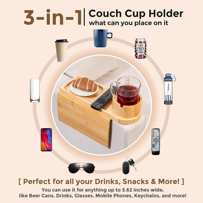 Couch Cup Holder for Armrests Over 4.9" Wide with 360° Phone Stand Walnut | Couch Arm Tray with 360° Rotating Phone Stand, 3 in 1 Foldable Sofa Arm Tray Table for Remote, Snacks, Phone, Drinks