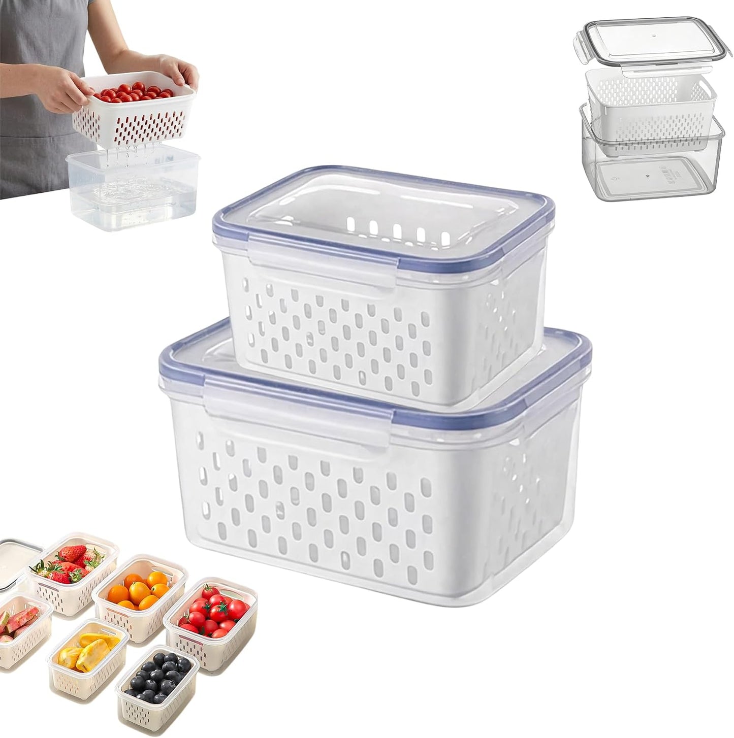 Fruit Storage Containers for Fridge, 4 in 1 Food Storage Container with Removable Colander, Airtight Produce Saver, Stackable Fridge Organizer for Wash, Drain & Store (Gray, S)