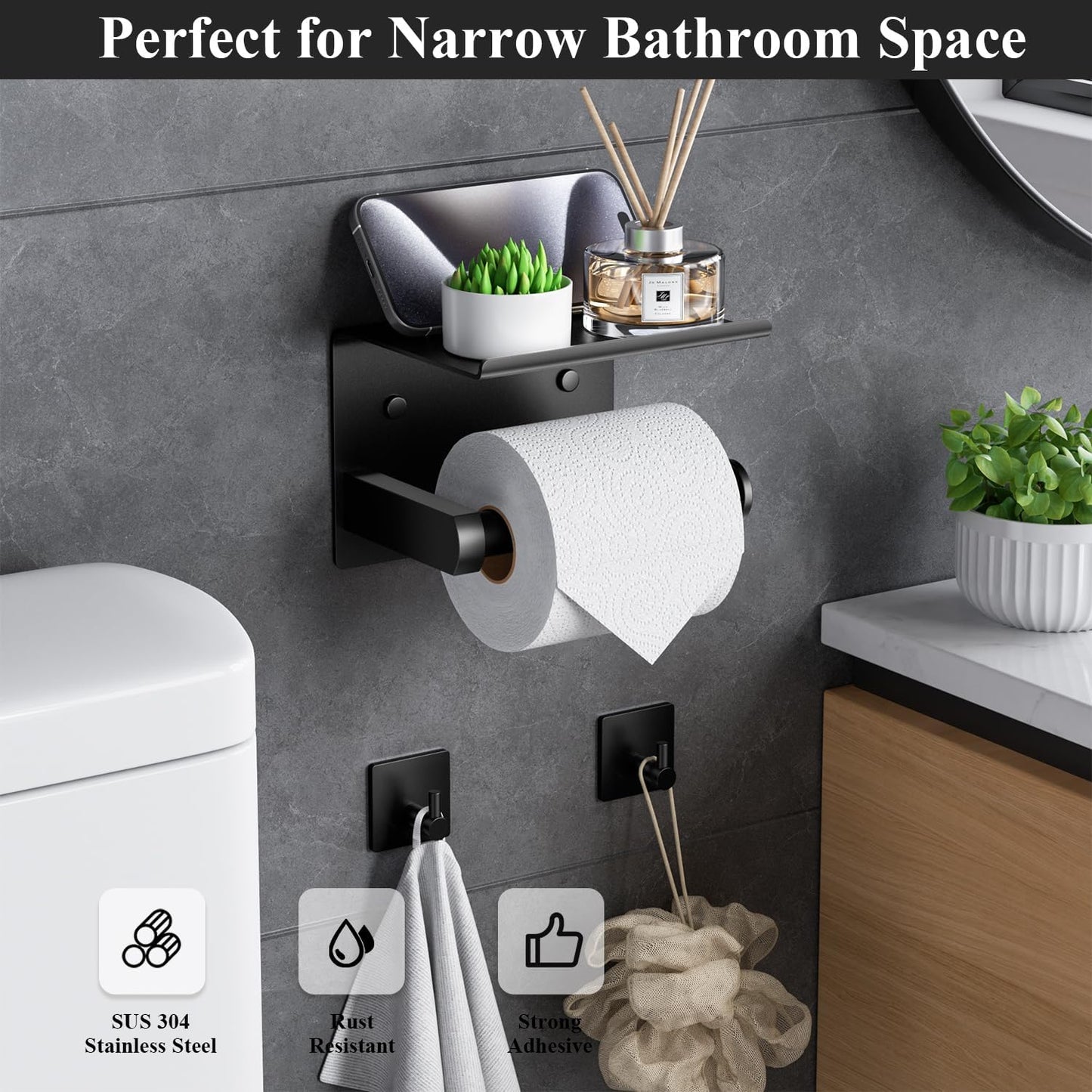 Tindbea Toilet Paper Holder Wall Mount + Towel Robe Hooks, Adhesive or Screw Wall Mounted Toilet Paper Roll Holder with Shelf, Stainless Steel Bathroom Organizers and Storage Kit (Brushed Gold)