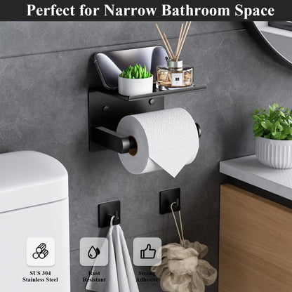 Tindbea Toilet Paper Holder Wall Mount + Towel Robe Hooks, Adhesive or Screw Wall Mounted Toilet Paper Roll Holder with Shelf, Stainless Steel Bathroom Organizers and Storage Kit (Brushed Gold)
