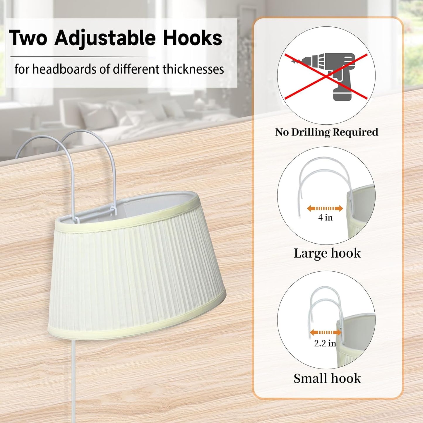 NITOWOLF Bed Reading Light, Headboard Light Reading Lights for Books in Bed with Adjustable Hook, Eye Caring Soft Fabric Shade Bedtime Reading Lamp Plug in, LED Bulb Included (Beige)