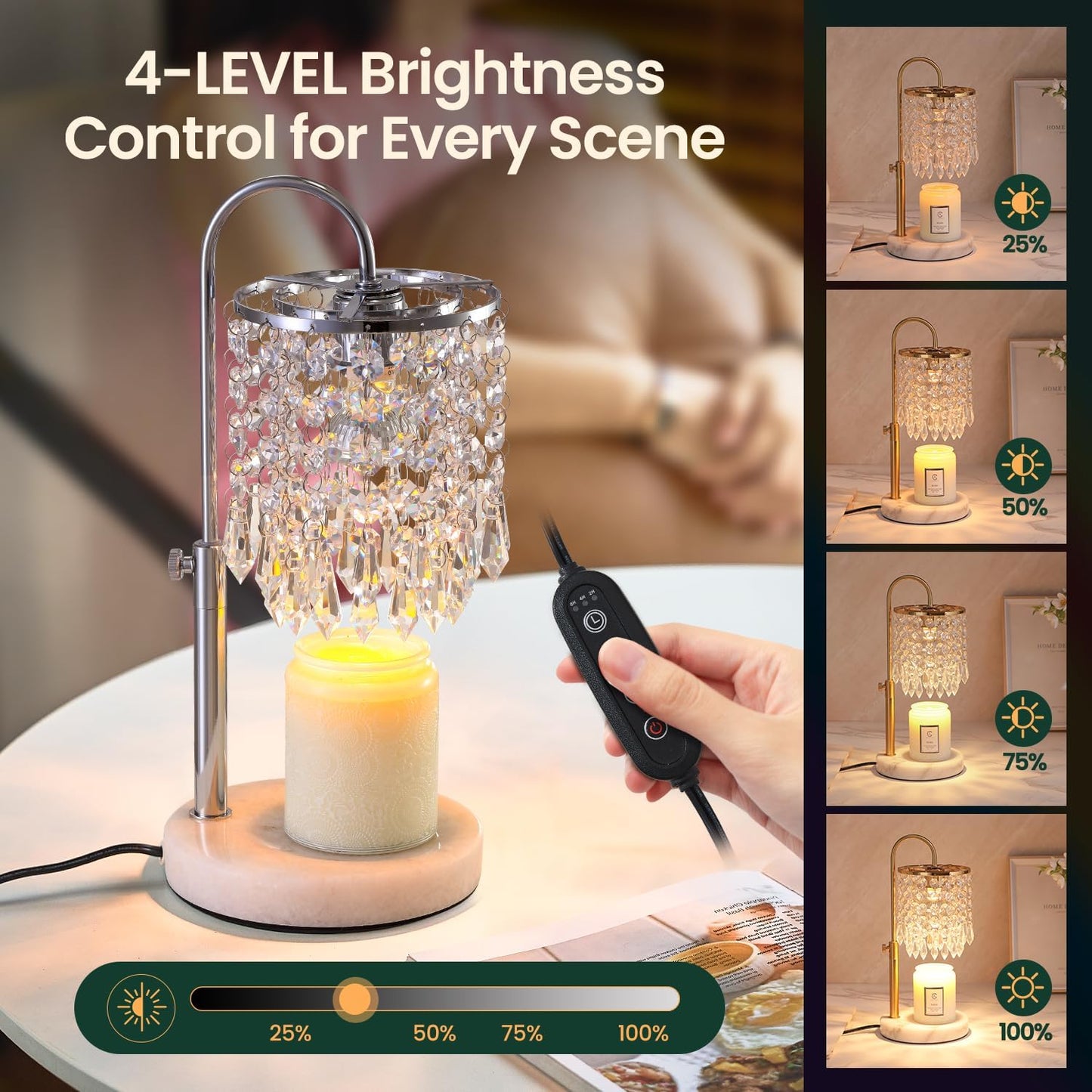 Candle Warmer Lamp with Timer Dimmer，2H/4H/8H Timer , Lamp Candle Warmer with Marble Base for Adjustable Height, Crystal Wax Melt Warmer for Jar Candles, House Warming Decor Gifts Mothers Day Gifts