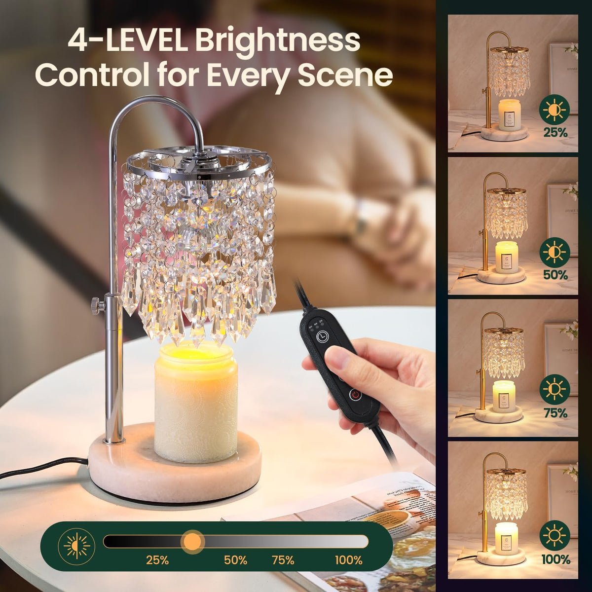 Candle Warmer Lamp with Timer Dimmer，2H/4H/8H Timer , Lamp Candle Warmer with Marble Base for Adjustable Height, Crystal Wax Melt Warmer for Jar Candles, House Warming Decor Gifts Mothers Day Gifts