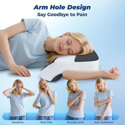 SAHEYER Side Sleeper Pillow with Arm Holes, 2 in 1 Shoulder Relief System for Rotator Cuff Pain, Memory Foam Pillow for Adults with 3 Arm Place Hole - for Side, Back and Stomach, Black