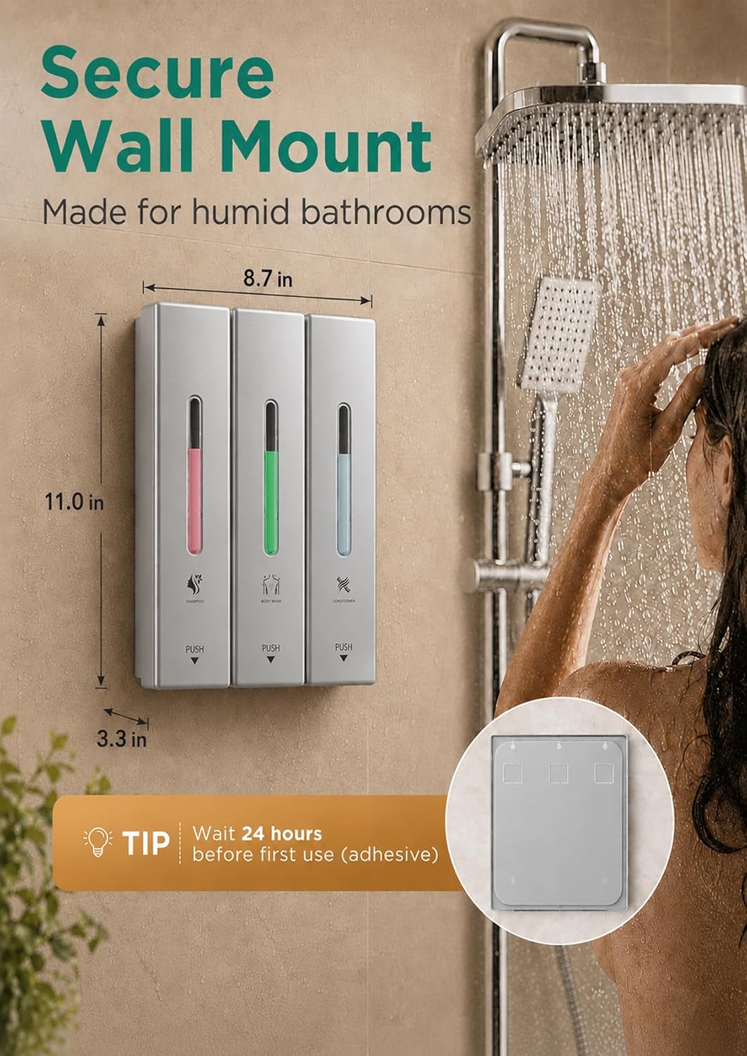 Shampoo and Conditioner Dispenser Wall Mounted, 3-Chamber Shower Soap Dispenser for Bathroom, 1200ML Large Capacity, No-Drill Installation, Clog-Free Pump for Thick Liquids (black-3-pack)