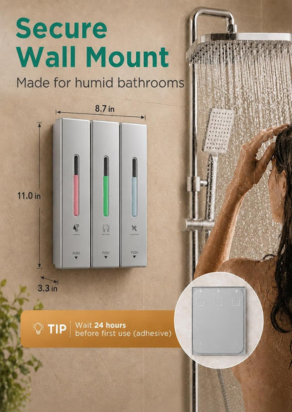 Shampoo and Conditioner Dispenser Wall Mounted, 3-Chamber Shower Soap Dispenser for Bathroom, 1200ML Large Capacity, No-Drill Installation, Clog-Free Pump for Thick Liquids (black-3-pack)