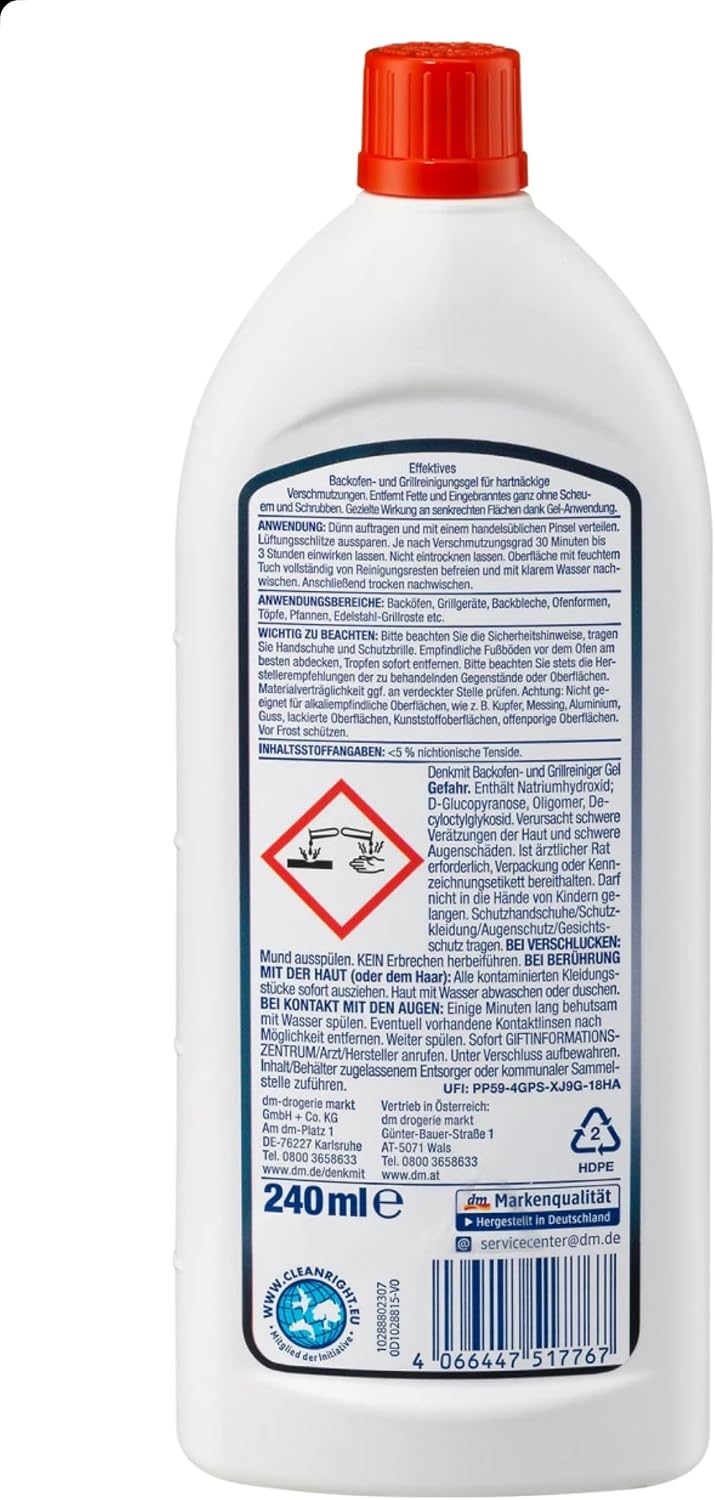 Denkmit Oven and Grill Cleaner Gel, 240 ml (8.12 ounce) - Powerful Cleaning Formula for Stubborn Grease and Grime - Made in Germany