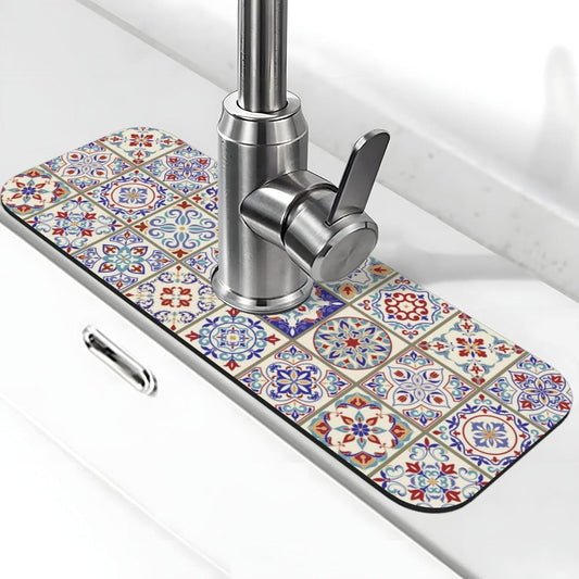 Aquamarine Blue Mexican Tiles Faucet Splash Guard Mat for Kitchen Sink 15x5.5" - Colors A