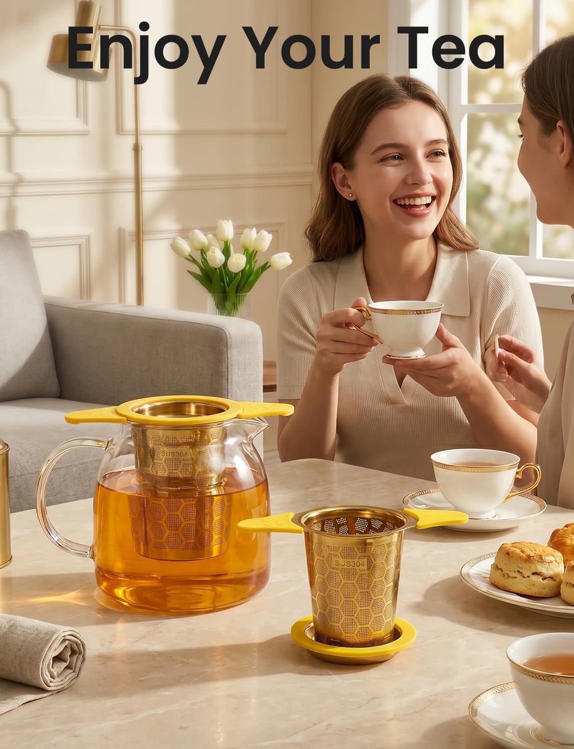 Tea Infuser for Loose Leaf Tea,Stainless Steel Tea Infuser with Heat Proof Silicone Handles,Extra Fine Mesh Tea Strainers Filter Fine Tea Leaves Effectively,Fits TeaPots/Mugs