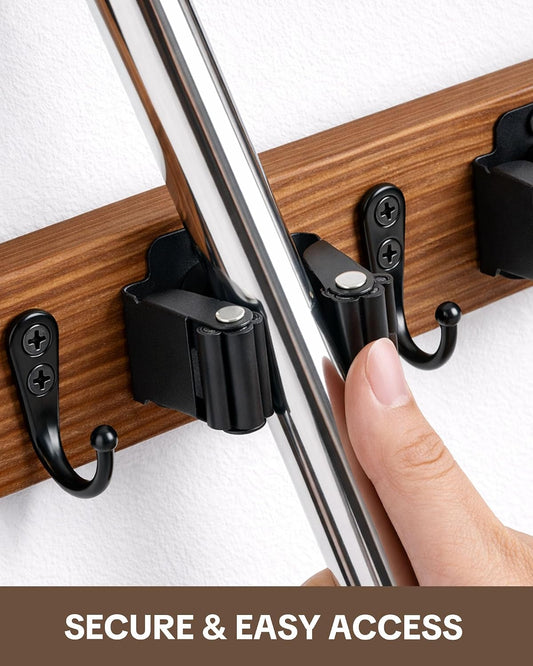 Lorbro 2 Pack Broom Holder Wall Mount, Wooden Rack with 4 Slot & 4 Hook | Broom and Mop Organizer Wall Hanging, Tool Organizer for Laundry Room, Closet, Garage, Kitchen