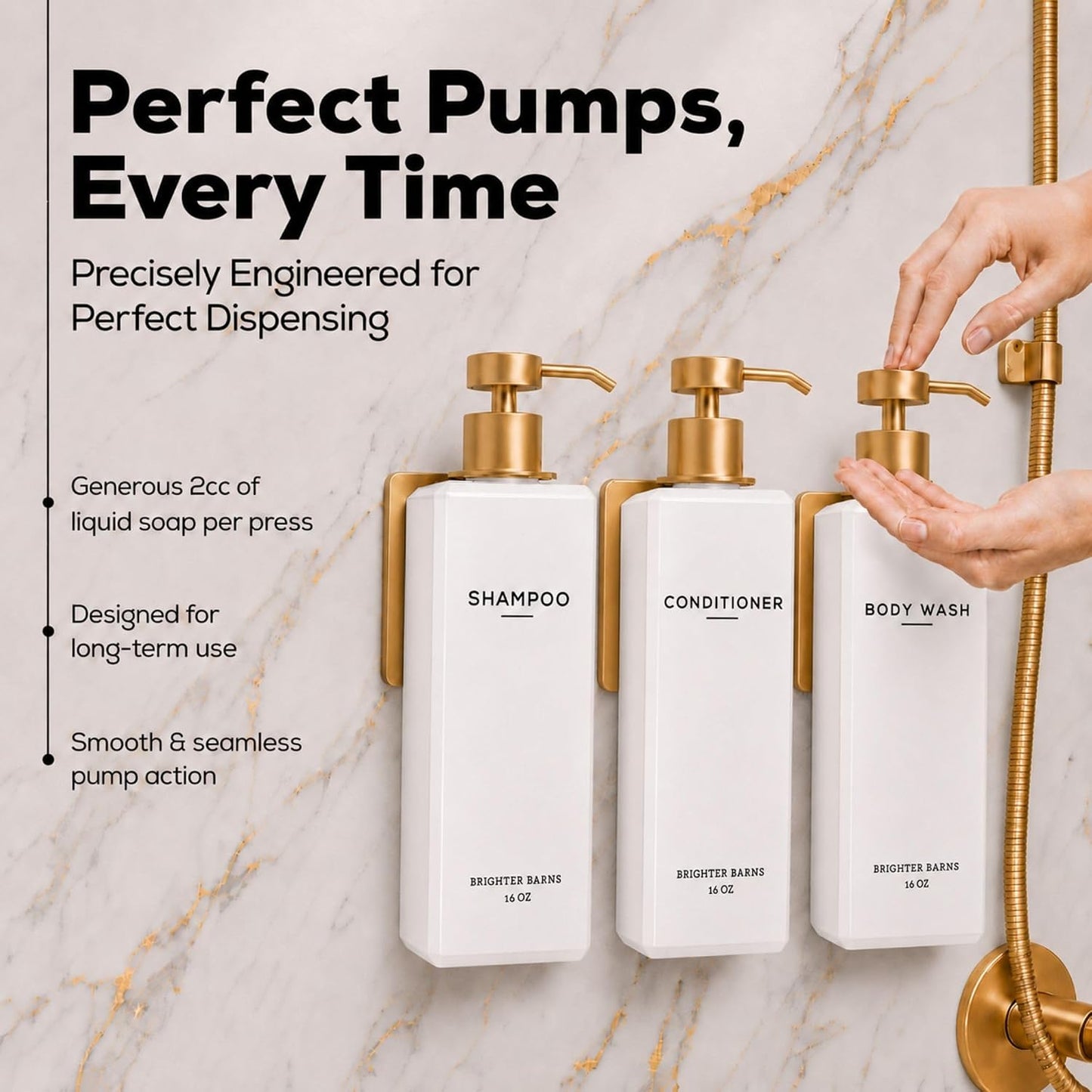 Luxury Shampoo and Conditioner Dispenser Set Wall Mounted by Brighter Barns - Refillable Shower Dispenser with Stainless Steel Pumps - Shampoo Bottles 3 Chamber No Drill for Airbnb, Spa, Hotel (White)