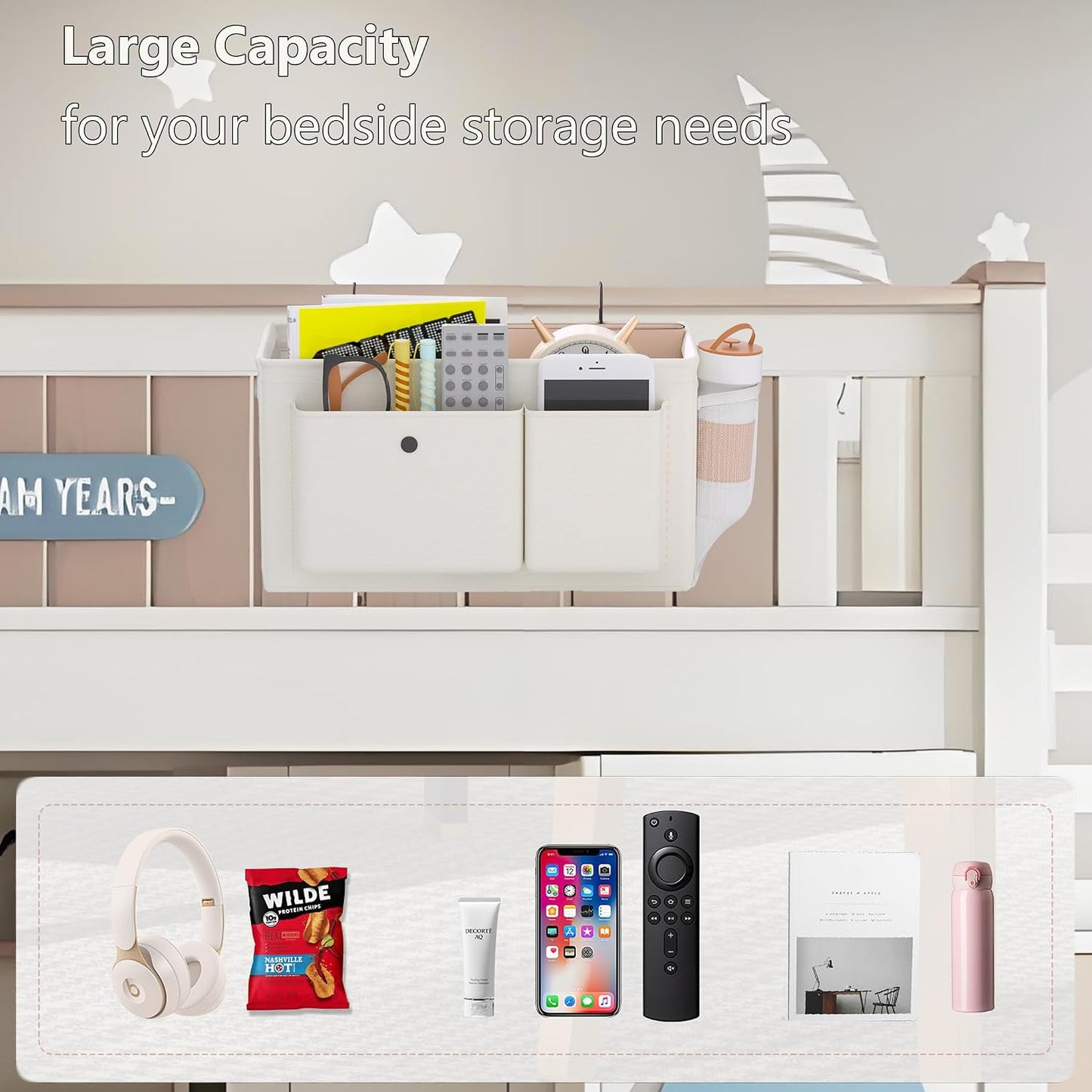 Bedside Caddy Bedside Storage Hanging Organizer for Bunk Dorm Bed Rail | Bed Caddy with Hooks, Top Bunks and Dorm Essentials for Water, Tissues, Tablets, Books, Phones, Remotes and Other Necessories