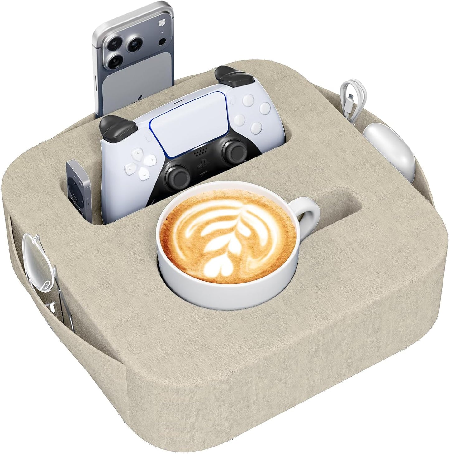 Couch Cup Holder Pillow, Sofa and Bed Caddy for iPad, Kindle, Switch, Game Controller, Remotes, Phones, Small-Sized Cup & Drink Holder for Couch, Bed, Desk, Car, Beach, Bathroom Cup Holder