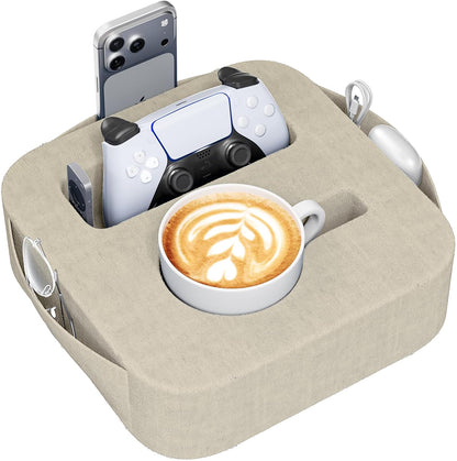 Couch Cup Holder Pillow, Sofa and Bed Caddy for iPad, Kindle, Switch, Game Controller, Remotes, Phones, Small-Sized Cup & Drink Holder for Couch, Bed, Desk, Car, Beach, Bathroom Cup Holder