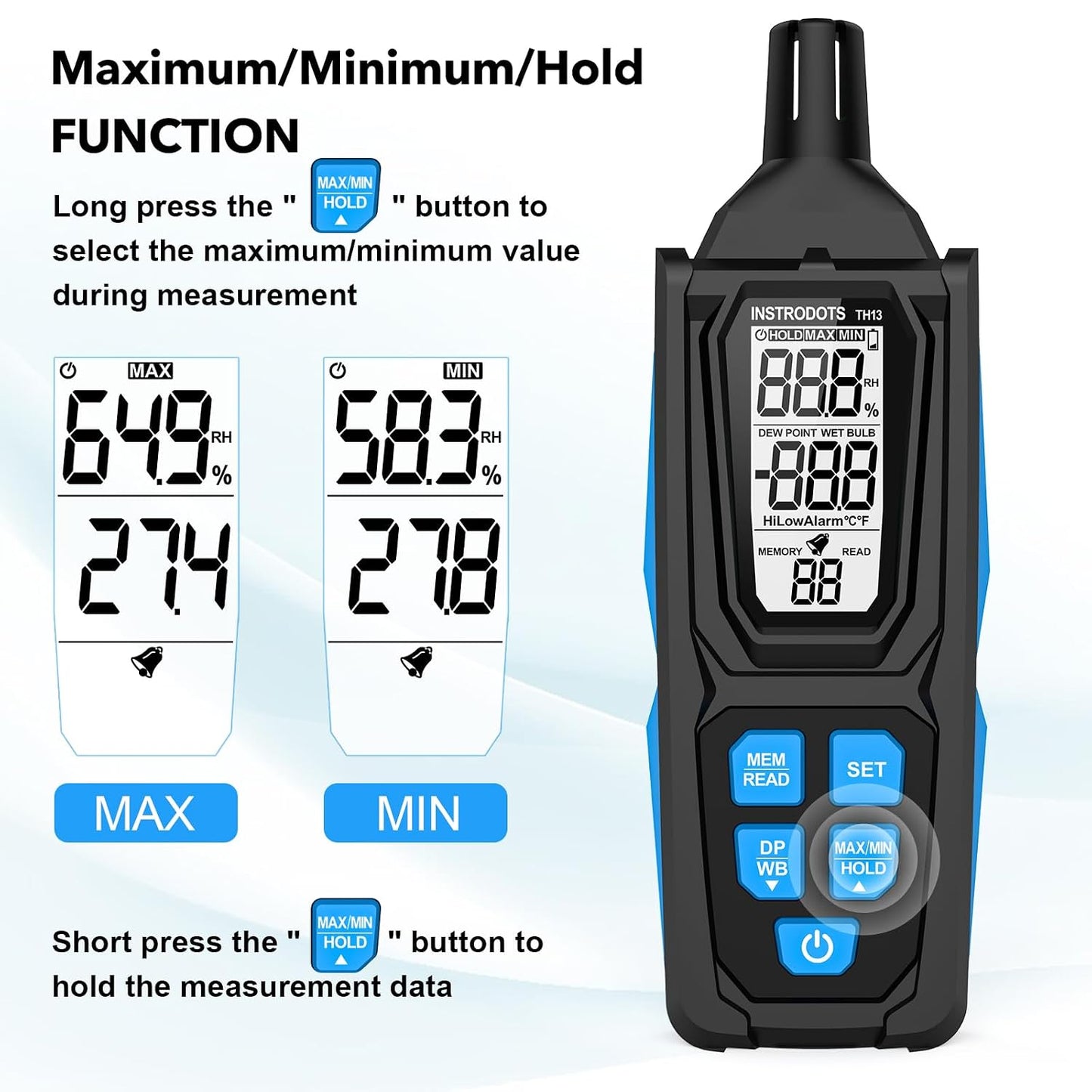 Temperature Humidity Meter, High Precision Thermometer Hygrometer with Ambient, Dew Point, Wet Bulb Thermometer, Dual Display Temperature & Humidity with LCD Backlight, TH10