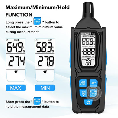 Temperature Humidity Meter, High Precision Thermometer Hygrometer with Ambient, Dew Point, Wet Bulb Thermometer, Dual Display Temperature & Humidity with LCD Backlight, TH10