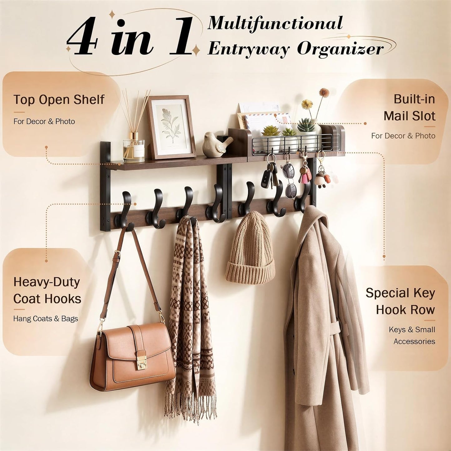Delamu 29" Large Coat Rack Wall Mount with Shelf, 4 in 1 Shelf with 11 Hooks, Wooden Key and Mail Holder for Wall for Entryway, Living Room and Bedroom, Brown