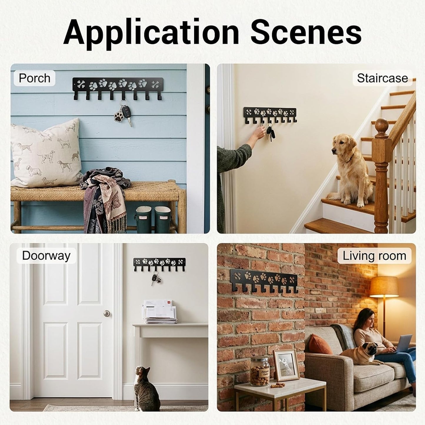 Metal Key Hanger Wall Mount Dog Leash Holder for Wall, Key Rack with 8 Hook | Entryway/Hallway/Kitchen Decor, Self Adhesive Dog Paws Design Walls Organizer with Screw Anchors for Gifts