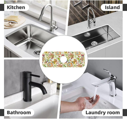 Boho Floral Mandala Yellow Faucet Splash Guard Mat for Kitchen Sink 15x5.5" | FDNUPIAN Kitchen Sink Splash Guard Faucet Faucet Guard Draining Mat Sink Splash Faucet Bathroom