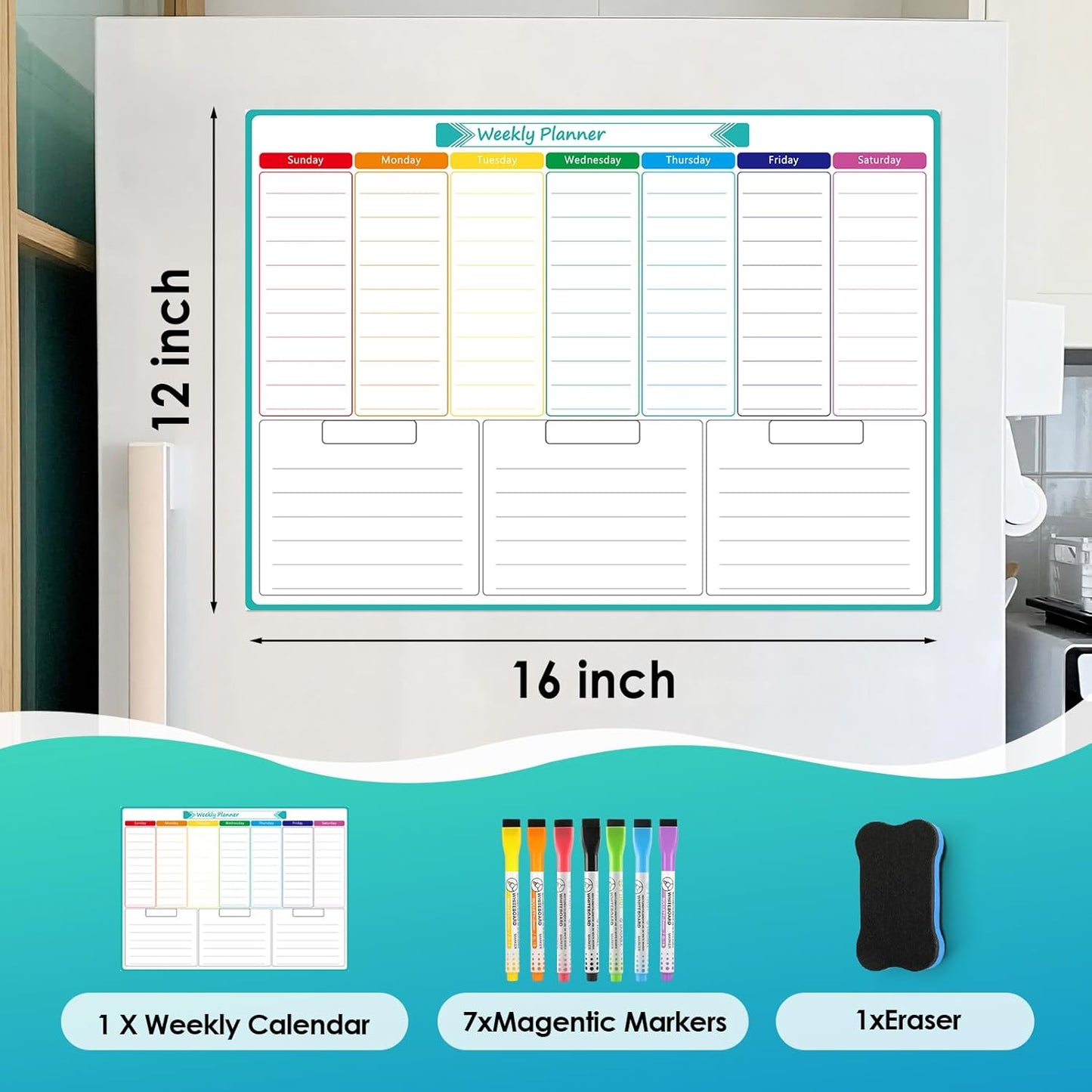 MaxGear Weekly Dry Erase Board for Fridge, 16"x12" Magnetic Calendar | Strong Magnetic, Smooth Writing and Effortless Erasing, Stain Resistant without any Stains with 7 Markers and 1 Eraser
